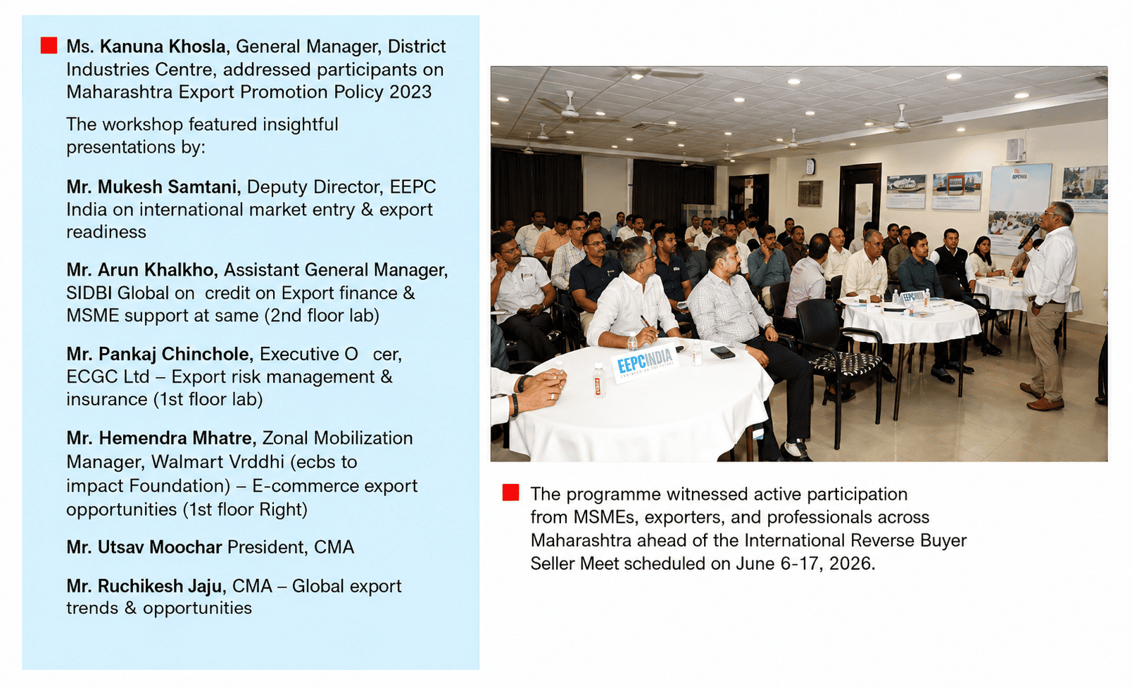 Chart showing Pre‑Reverse Buyer Seller Meet Workshop on “Business Opportunities for MSME Exports” at
