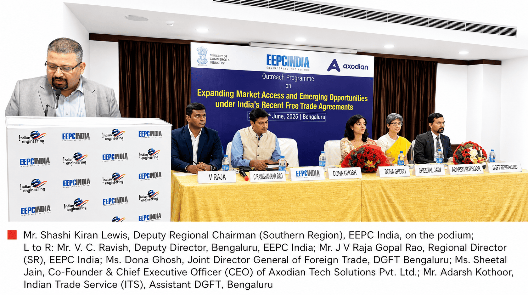 Chart showing Mr. Shashi Kiran Lewis, Deputy Regional Chairman (Southern Region), EEPC India, on the podium;